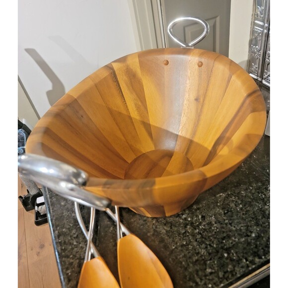 Luxury Nambe Acacia Wood Large Salad Serving Bowl Fork & Spoon Silver Accents - Picture 16 of 16